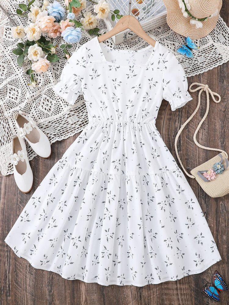 Tween Girl Ditsy Floral Print Flounce Sleeve Dress