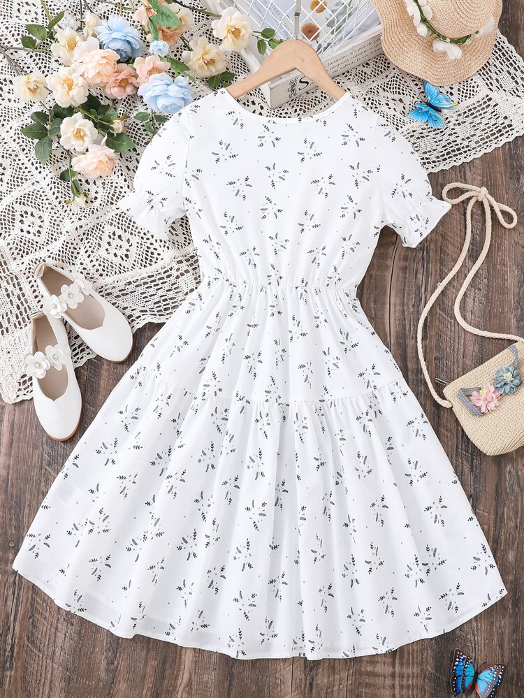Tween Girl Ditsy Floral Print Flounce Sleeve Dress