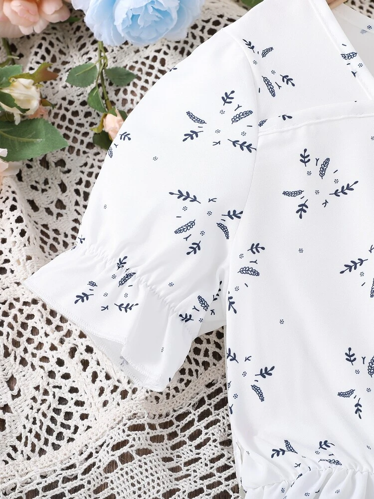 Tween Girl Ditsy Floral Print Flounce Sleeve Dress