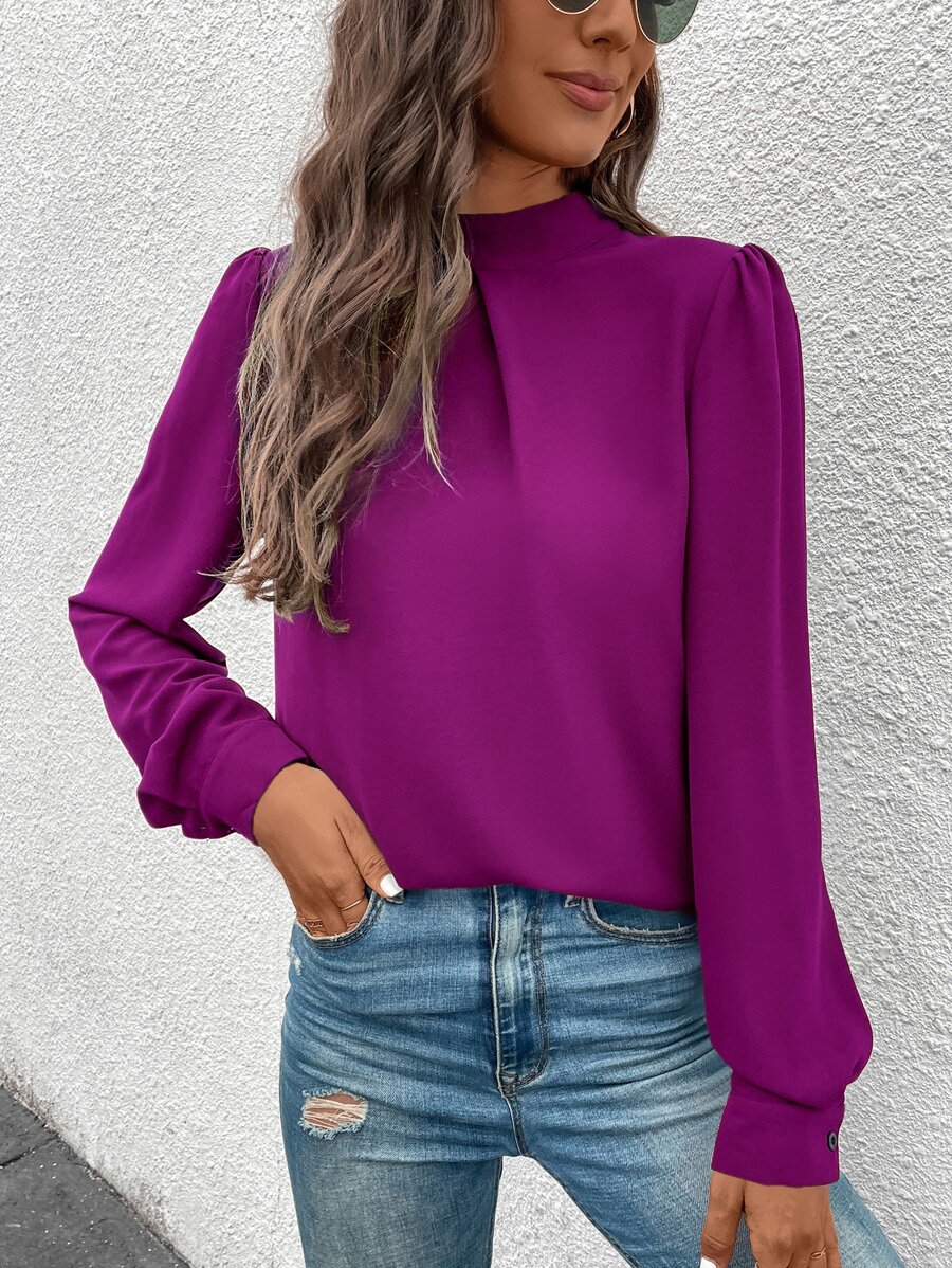 EMERY ROSE Áo sơ mi nữ tay bồng cổ đứng màu trơn thường ngày - Màu đỏ tím - Xem 1