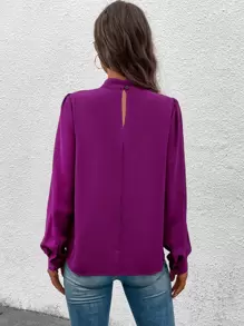 EMERY ROSE Áo sơ mi nữ tay bồng cổ đứng màu trơn thường ngày - Màu đỏ tím - Xem 2