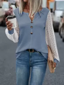 SHEIN LUNE Top de manga con encaje en contraste con botón - Neblina azul - Ver 1