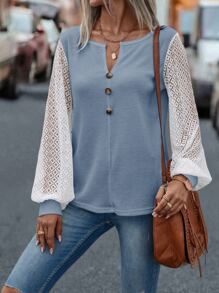 SHEIN LUNE Top de manga con encaje en contraste con botón - Neblina azul - Ver 3