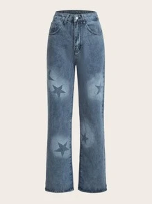 ROMWE Grunge Punk Jeans de pierna recta con estampado de estrella - Azul lavado medio - Ver 3