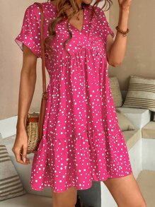 Breezaya Vestido smock con estampado de lunares bajo con fruncido - Rosa Fucsia - Ver 4