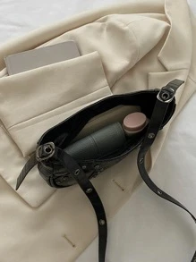 Y2K 鱷魚壓花腋下包，時尚鉚釘裝飾斜挎包，女士小號月牙包，Hobo 包 Y2K 鱷魚紋圖案腋下包，時尚鉚釘裝飾斜挎包，女士小號月牙包 - 黑色 - 查看 4