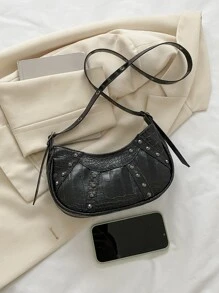 Y2K 鱷魚壓花腋下包，時尚鉚釘裝飾斜挎包，女士小號月牙包，Hobo 包 Y2K 鱷魚紋圖案腋下包，時尚鉚釘裝飾斜挎包，女士小號月牙包 - 黑色 - 查看 5