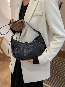 Y2K 鱷魚壓花腋下包，時尚鉚釘裝飾斜挎包，女士小號月牙包，Hobo 包 Y2K 鱷魚紋圖案腋下包，時尚鉚釘裝飾斜挎包，女士小號月牙包 - 黑色 - 查看 6