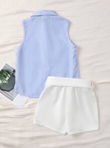 SHEIN Young Girl 2pcs Striped Shirt With Collar & Sleeveless, Shorts With Bowknot Elastic Waistband