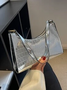 Metallic Crocodile Embossed Bag - Silver - View 5
