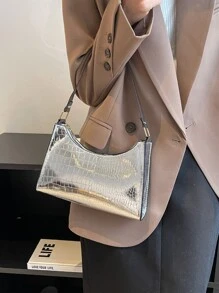 Metallic Crocodile Embossed Bag - Silver - View 6