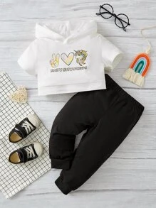 Baby Letter & Heart Print Hooded Tee & Joggers - Black and White - View 1