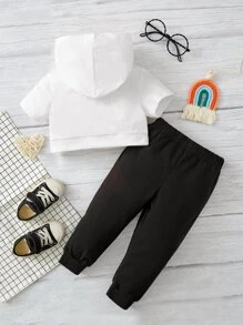 Baby Letter & Heart Print Hooded Tee & Joggers - Black and White - View 2