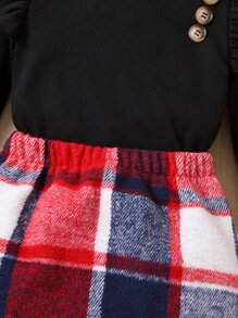 Toddler Girls Ruffle Trim High Neck Tee & Plaid Print Skirt - Multicolor - View 7
