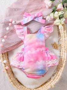 嬰兒紮染荷葉邊連體衣帶配件髮箍