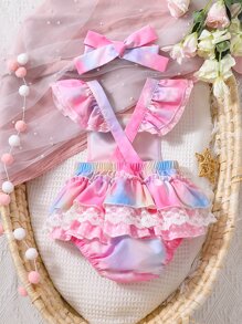 嬰兒紮染荷葉邊連體衣帶配件髮箍