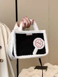 Lollipop Decor Fuzzy Trim Double Handle Square Bag - Black - View 1