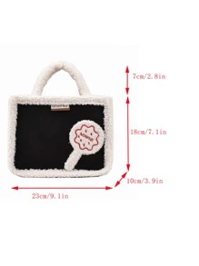Lollipop Decor Fuzzy Trim Double Handle Square Bag - Black - View 3