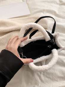 Lollipop Decor Fuzzy Trim Double Handle Square Bag - Black - View 4