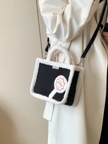 Lollipop Decor Fuzzy Trim Double Handle Square Bag - Black - View 5