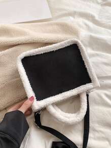 Lollipop Decor Fuzzy Trim Double Handle Square Bag - Black - View 6