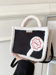 Lollipop Decor Fuzzy Trim Double Handle Square Bag - Black - View 8
