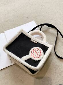 Lollipop Decor Fuzzy Trim Double Handle Square Bag - Black - View 9