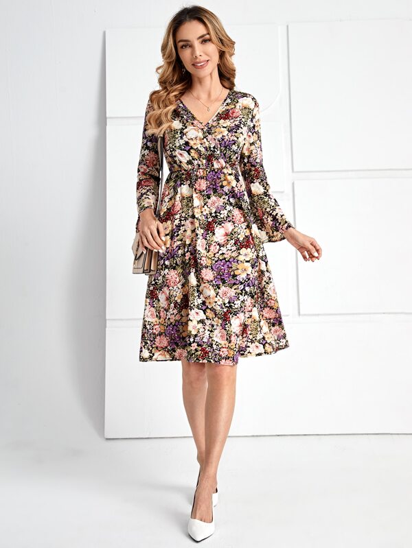 EMERY ROSE Floral Print Flounce Sleeve Dress SHEIN USA