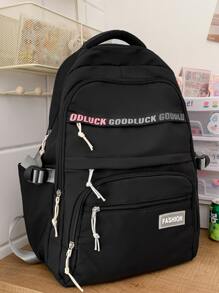 Mochila funcional decoração de remendo de letras zíper - Preto - Ver 4