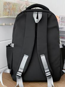 Mochila funcional decoração de remendo de letras zíper - Preto - Ver 5