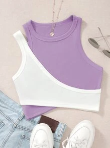 SHEIN Unity Two Tone Cut Out Crop Tank Top Graphic Tees Women Tops - Lilac Purple - View 1