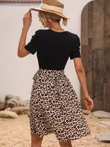 SHEIN Clasi Leopard Print Puff Sleeve Belted Dress - Multicolor - View 2