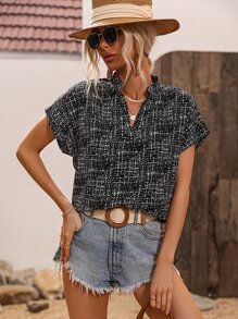 SHEIN LUNE Allover Print Notched Neck Batwing Sleeve Blouse - Black - View 5