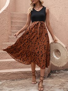 SHEIN VCAY 圖案印花荷葉邊繫腰帶連衣裙 - 棕色 - 查看 1