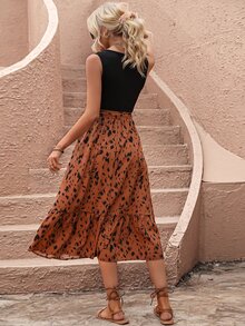 SHEIN VCAY 圖案印花荷葉邊繫腰帶連衣裙 - 棕色 - 查看 2