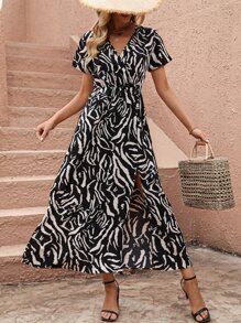 SHEIN Clasi 滿版印花高衩連衣裙 - 黑色 - 查看 4