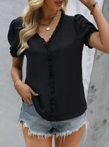 SHEIN Clasi Frill Trim Puff Sleeve Blouse - Black - View 3