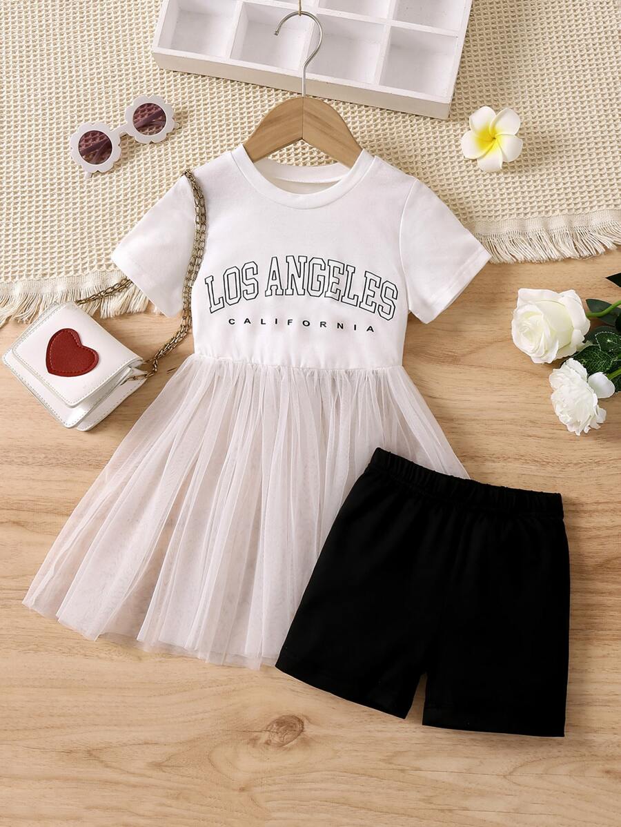 女小童黑色和白色休閒網紗透視洋裝帶字母圖案和短褲套裝適合夏天 - 黑與白 - 查看 1