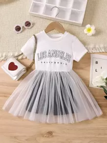 女小童黑色和白色休閒網紗透視洋裝帶字母圖案和短褲套裝適合夏天 - 黑與白 - 查看 3