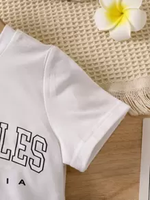 女小童黑色和白色休閒網紗透視洋裝帶字母圖案和短褲套裝適合夏天 - 黑與白 - 查看 6