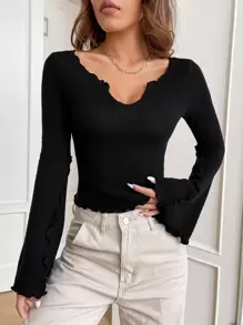 SHEIN EZwear Notched Neck Lettuce Trim Trumpet Sleeve Tee - Black - View 1