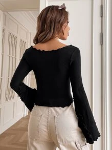 SHEIN EZwear Notched Neck Lettuce Trim Trumpet Sleeve Tee - Black - View 2