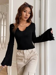 SHEIN EZwear Notched Neck Lettuce Trim Trumpet Sleeve Tee - Black - View 3