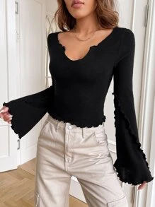 SHEIN EZwear Notched Neck Lettuce Trim Trumpet Sleeve Tee - Black - View 5