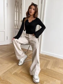 SHEIN EZwear Notched Neck Lettuce Trim Trumpet Sleeve Tee - Black - View 6