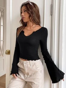 SHEIN EZwear Notched Neck Lettuce Trim Trumpet Sleeve Tee - Black - View 7