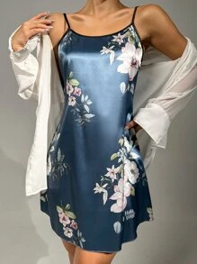 花卉印花缎面吊带睡衣 - 霧霾藍 - 查看 1