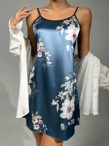 花卉印花缎面吊带睡衣 - 霧霾藍 - 查看 4