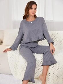 Set homewear de manga con volante bajo con fruncido - Gris - Ver 3