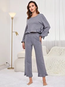 Set homewear de manga con volante bajo con fruncido - Gris - Ver 1